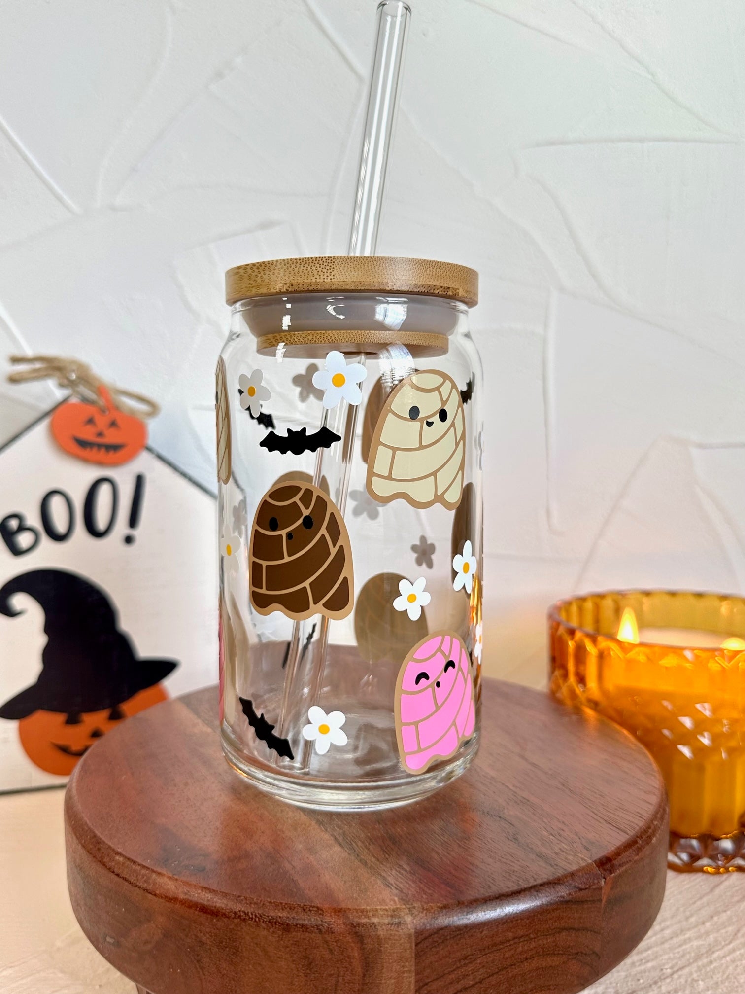 16oz Hey Boo Ghost Cup With Bamboo Lid And Straw