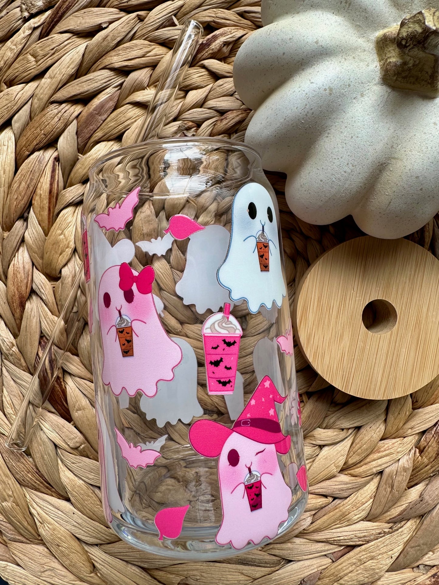 Pink iced coffee ghost glass