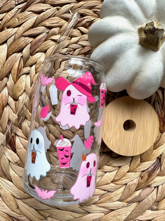 Pink iced coffee ghost glass